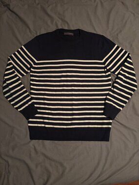 Paul James Men’s M Navy Navy Cream Stripe Cotton Knit Crewneck Sweater Nautical